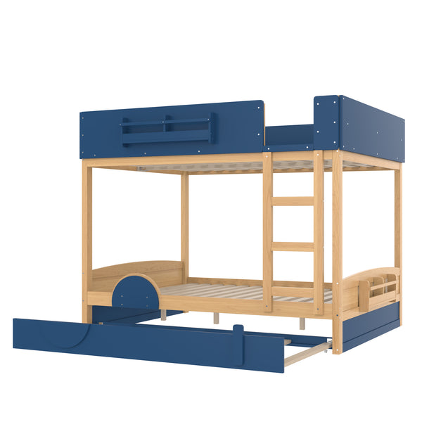 English Elm Queen Bunk Bed with Trundle Solid Pine Kids Car Themed Frame Built-in Bookshelf Blue,Natural W1580S00447