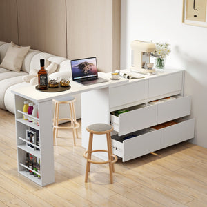 English Elm L-Shaped Adjustable Desk and Vanity Combo with 6 Drawers, Expandable Top, Triple Shelves for Office Makeup W331P286247