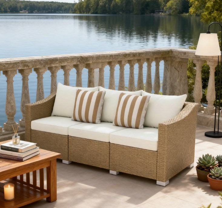 English Elm Outdoor Hand-woven Pe Rattan 3-seat Patio Sofa with All-weather Cushions Included T3971P417926