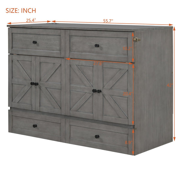 English Elm Full Size Murphy Bed Rattan Cabinet with Storage Drawers and Gold Hardware N708S00005AAE
