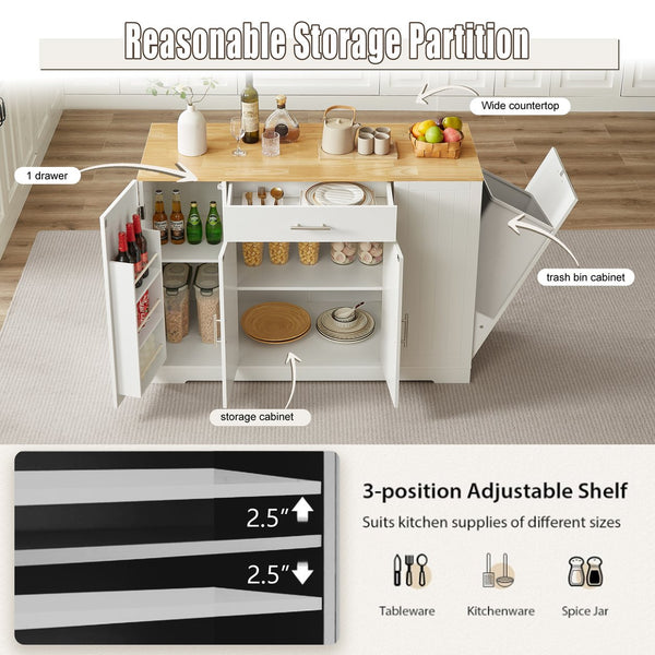 English Elm 53'' Kitchen Storage Islands with Drawers and Trash Can Storage, Modern Farmhouse Design, 53.2"W x 20.9"D x 38.0"H White W1820P281267