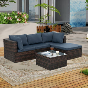 English Elm Patio 5-Piece Wicker Furniture Set With Comfortable Cushions & Glass Coffee Table For Outdoor Relaxation W1703S00021-GIGA