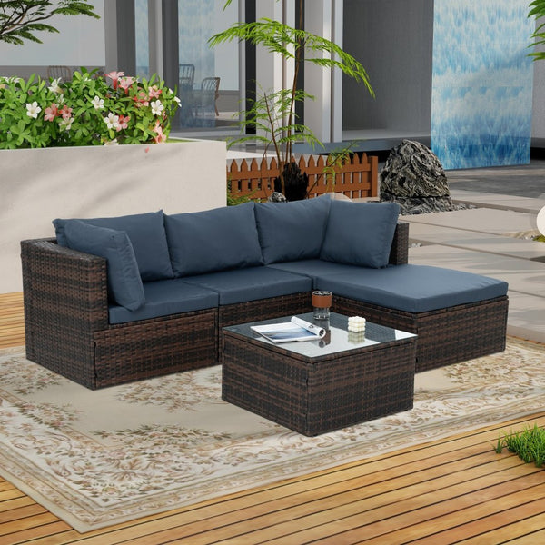 English Elm Patio 5-Piece Wicker Furniture Set With Comfortable Cushions & Glass Coffee Table For Outdoor Relaxation W1703S00021-GIGA