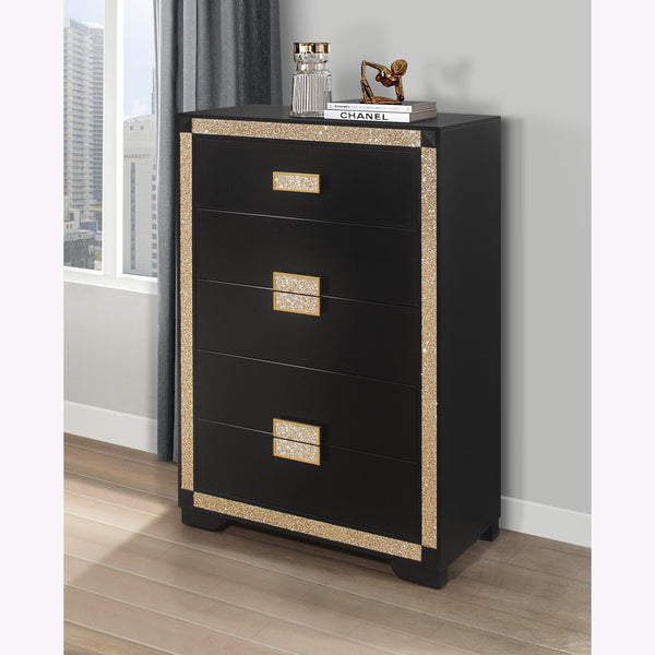 English Elm LIVELY Glam Chest with Gold Accents, Solid Wood & MDF Construction, Glitter Detail, Spacious Drawers Black 37.63 L x 20.25 W x 50 H B201P289717