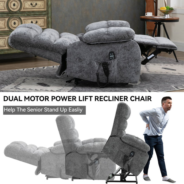 English Elm Lift Power Recliner Chenille Chair Dual Motor Massage Heat 350 Lb Capacity Living Room Grey W3224P288618