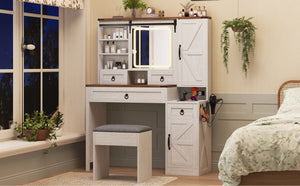 English Elm Farmhouse LED Vanity Desk with Sliding Mirror, Glass Top Storage, Built-In Charging Station & Stool White 37 L x 18.5 W x 13 H N733P340562K