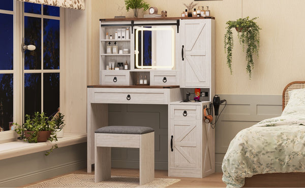 English Elm Farmhouse LED Vanity Desk with Sliding Mirror, Glass Top Storage, Built-In Charging Station & Stool White 37 L x 18.5 W x 13 H N733P340562K