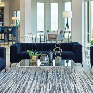 English Elm Darci Blue Velvet Tuxedo Sofa with Channel Tufting and Angled Black Metal Legs — Luxe Accent Seating B062P357812