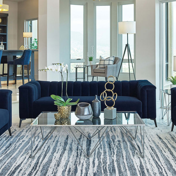 English Elm Darci Blue Velvet Tuxedo Sofa with Channel Tufting and Angled Black Metal Legs — Luxe Accent Seating B062P357812