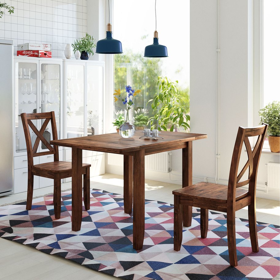 English Elm Topmax Drop Leaf Wood Breakfast Nook Table Set with X Back Chairs for Two Walnut N717S000164D