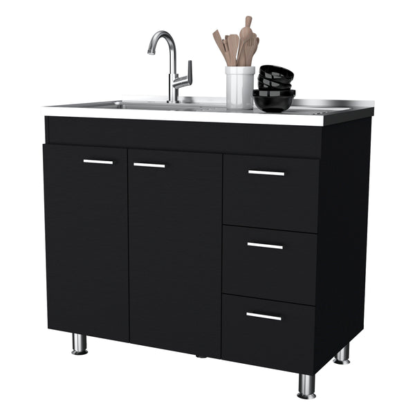 English Elm Darien Melamine Base Cabinet with Stainless Steel Top, Faucet Hole, 3 Drawers & Double Door Storage B128S00005