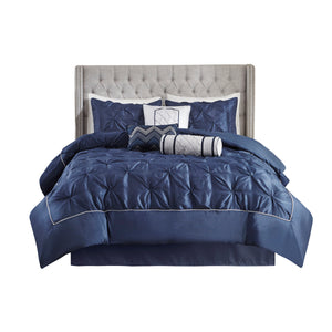 English Elm 7 Piece Tufted Comforter Set Navy Queen – Laurel Tufted Navy Bedding, 100% Polyester, Textured Pieced Design, Includes Shams Pillows Bedskirt B03596831