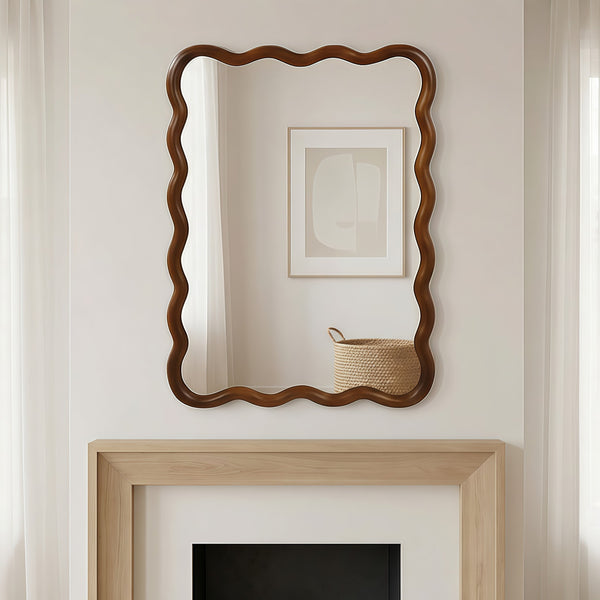 English Elm Black Walnut Solid Wood Wavy Round Mirror Sculptural Bohemian Wall Accent 30 Inch W2203P455235