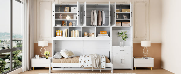 English Elm Twin Murphy Wall Bed with Integrated Closet Drawers and Desk for Studio Spaces White LP000595AAK-2