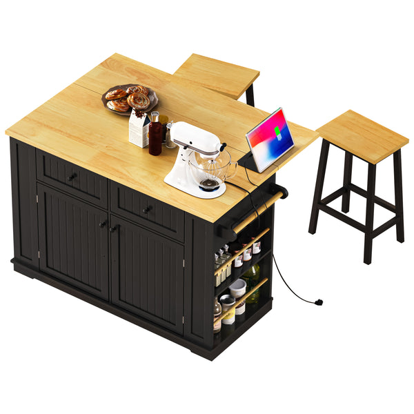English Elm 48 Inch Rolling Kitchen Island Drop Leaf Prep Cart with Power Outlets and Open Shelving Black N707S257057B