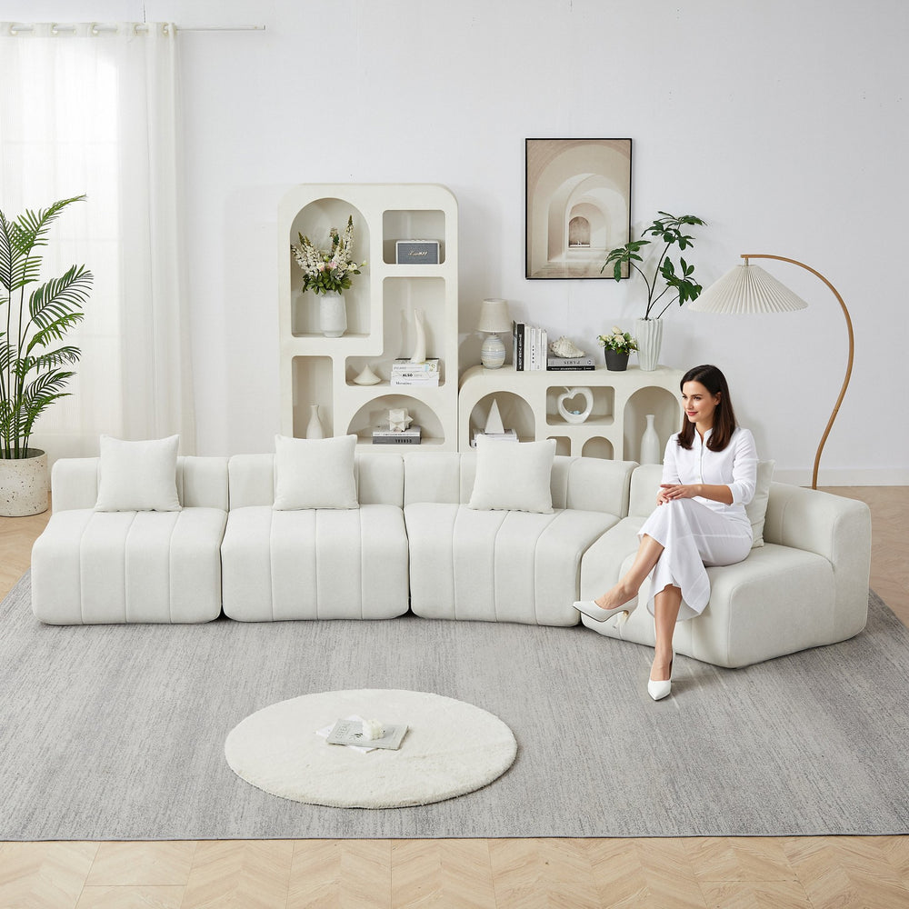 English Elm Chenille Modular Curved Sectional Sofa with Sculptural Piano Key Design and Four Throw Pillows Beige W834S00584