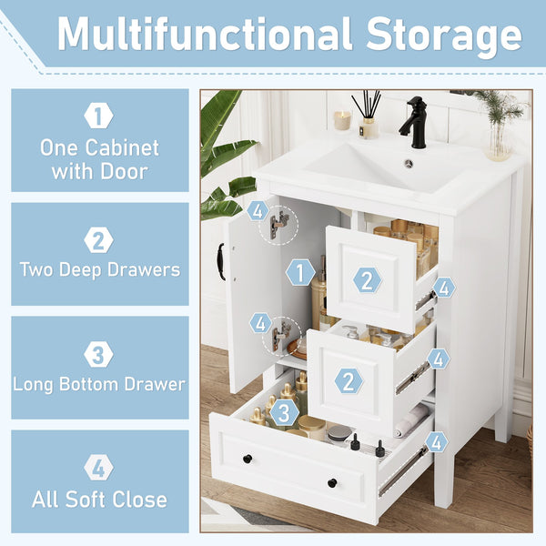 English Elm Christopher Knight Home® - 24 Freestanding Retro Bathroom Vanity with Ceramic Sink, Soft-Close Cabinet & Drawers, Painted MDF Finish White N759P292551K