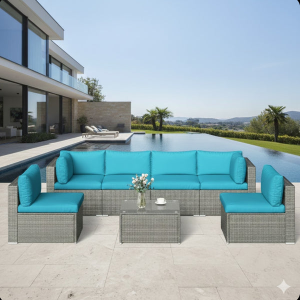 English Elm 7-piece Outdoor Modular Sectional Pe Wicker Patio Set with Tempered Glass Coffee Table Grey+Blue B082S00064