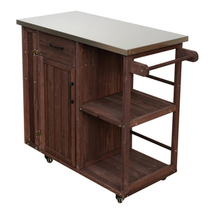 English Elm Foldable Outdoor Kitchen Cart with Stainless Worktop Fir Wood Frame and Lockable Wheels Dark Brown N719P380278S