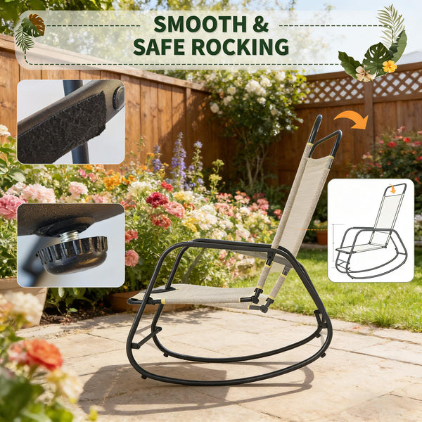 English Elm Relaxing Sling Fabric Outdoor Rocking Chair with Steel Frame for Porch or Poolside Deck T3971P445266