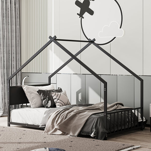 English Elm Twin House Bed Frame with Led Lights Iron Slats Low Profile Kids Bedroom W1820P234194