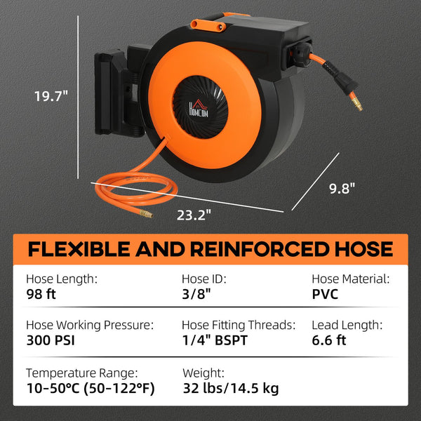 English Elm Homcom Auto Rewind Air Hose Reel 98 Ft 300 Psi Swivel Mount Workshop Garage W2225P485564