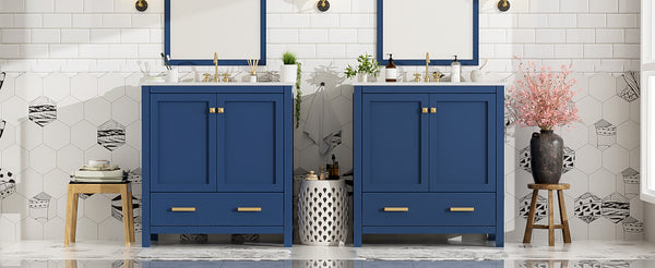 English Elm 60" Blue Double Vanity with Ceramic Sinks, Solid Wood Frame, Divided Drawers & Soft-Close Doors N729P000001C