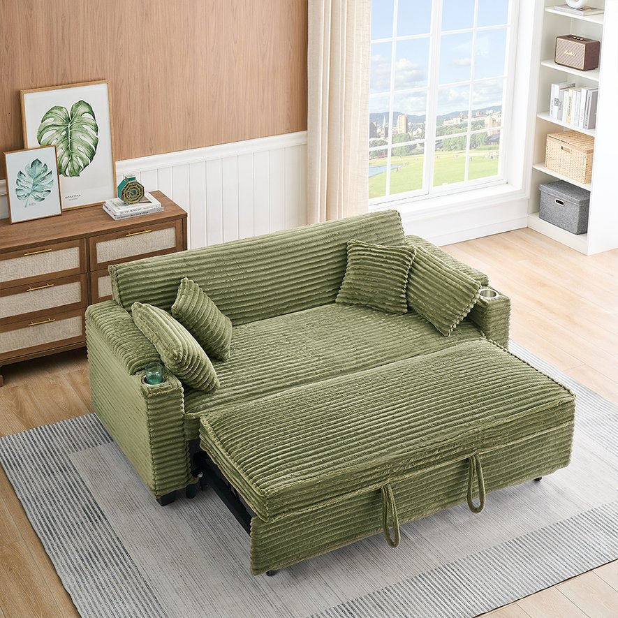 English Elm 80 Inch Green Corduroy Sofa Bed - Multi-Functional, Space-Saving Design With Cup Holders & Comfort! W1658P269825