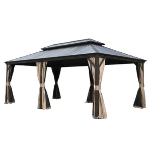 English Elm 12' X 18' Hardtop Gazebo with Drainage, Dual-Layer Galvanized Roof, Curtains, Netting, Durable Shelter W1859S00144