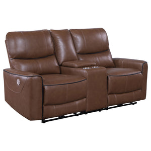 English Elm Denson Saddle Brown Power Reclining Loveseat with Console, Cup Holders & Easy-Care Leatherette Comfort B062P353262