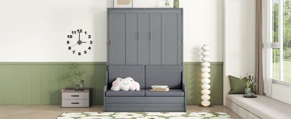 English Elm Queen Murphy Wall Bed with Integrated Chair Espresso Cabinet for Studio Apartments Gray LP000791AAE-3
