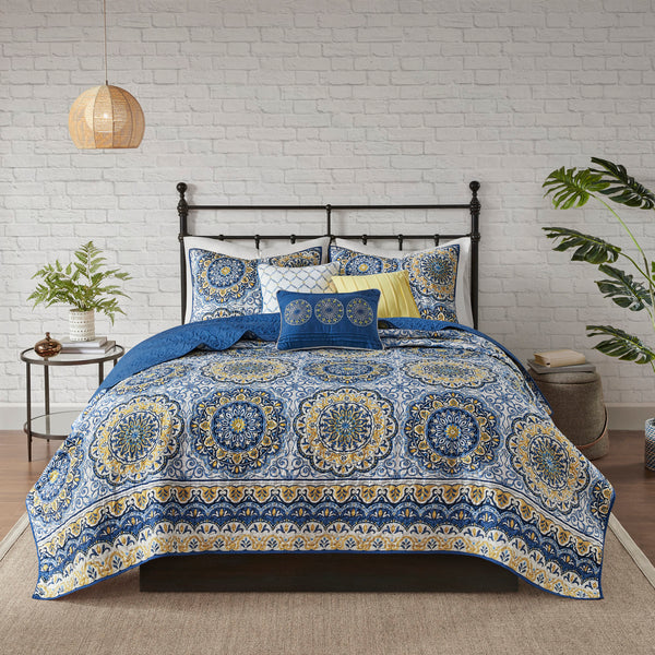 English Elm 6 Tangiers Reversible Quilt Set Full/Queen - Bold Blue & Yellow Floral Medallion Design, 6-Piece Soft Microfiber B03597623