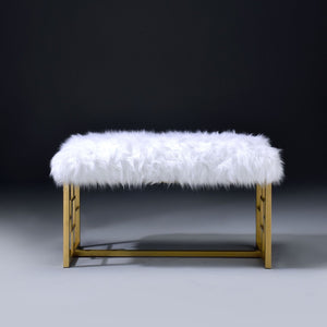 English Elm White Faux Fur Glam Bench With Gold Sled Base | Stylish Entryway Seating For Modern Homes B062P189116-GIGA