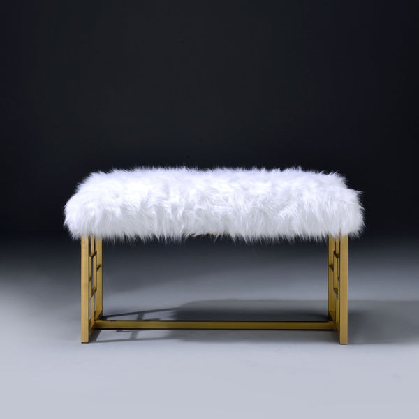 English Elm White Faux Fur Glam Bench With Gold Sled Base | Stylish Entryway Seating For Modern Homes B062P189116-GIGA