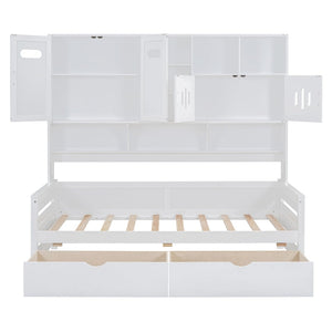 English Elm Twin Size Wooden Daybed With Storage Drawers, Cabinet & Shelf – Stylish Space-Saving Solution! N820S00015K-GIGA