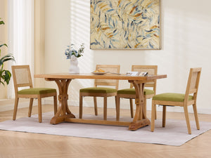 English Elm Farmhouse Rattan Back Dining Chairs Set of 2 with Linen Seat and Hardwood Legs Olive Green W1143P452936