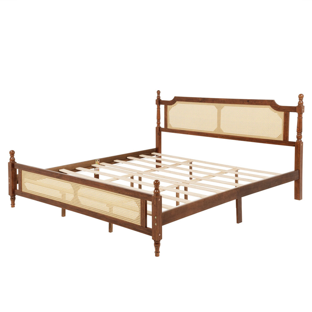English Elm King Pine Rattan Bed Walnut — Classic Pine Wood King Bed with Rattan Headboard & Footboard, 500lb Capacity W504P269835