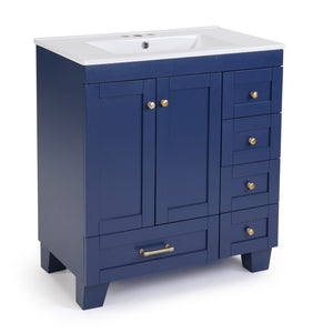 English Elm 30" Vanity with Ceramic Sink and Solid Wood Frame, Soft-Close Drawers, Compact Coastal Style, Durable Construction Blue W2896P344081