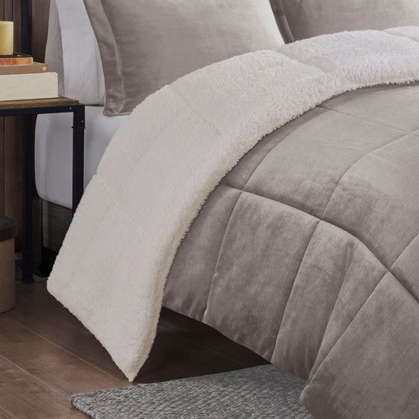 English Elm King Alton Plush-to-Sherpa Down Alternative Comforter Set — Reversible Cozy Berber, Hypoallergenic, OEKO-TEX Certified, Machine Washable Grey+Ivory 22.44 L x 20.87 W x 15.35 H B035100469