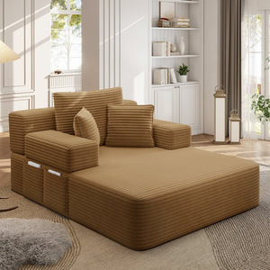 English Elm Luxurious Corduroy Convertible Chaise Lounge Sofa Bed with Storage and Coil Spring Foam Camel W3219P483086