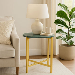 English Elm Marble Side Table With Elegant Green Top & Gold Metal Frame - Stylish Accent For Any Space! B346P320737