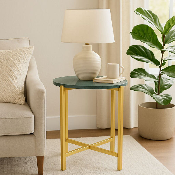 English Elm Marble Side Table With Elegant Green Top & Gold Metal Frame - Stylish Accent For Any Space! B346P320737