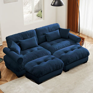 English Elm Over Size Velvet Two-Seater Sofa With Ottoman - Plush Comfort, Bolster Armrests & Pillows In Blue W714S01115-GIGA