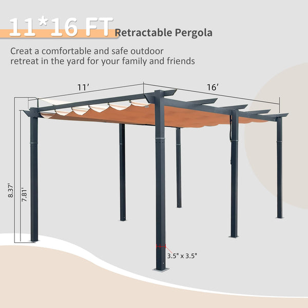English Elm 11 11 X 16 FT Retractable Pergola with Weather-Resistant Canopy, Aluminum Frame, Easy Assembly, Versatile Outdoor Shade and Entertainment Space khaki W1859S00079