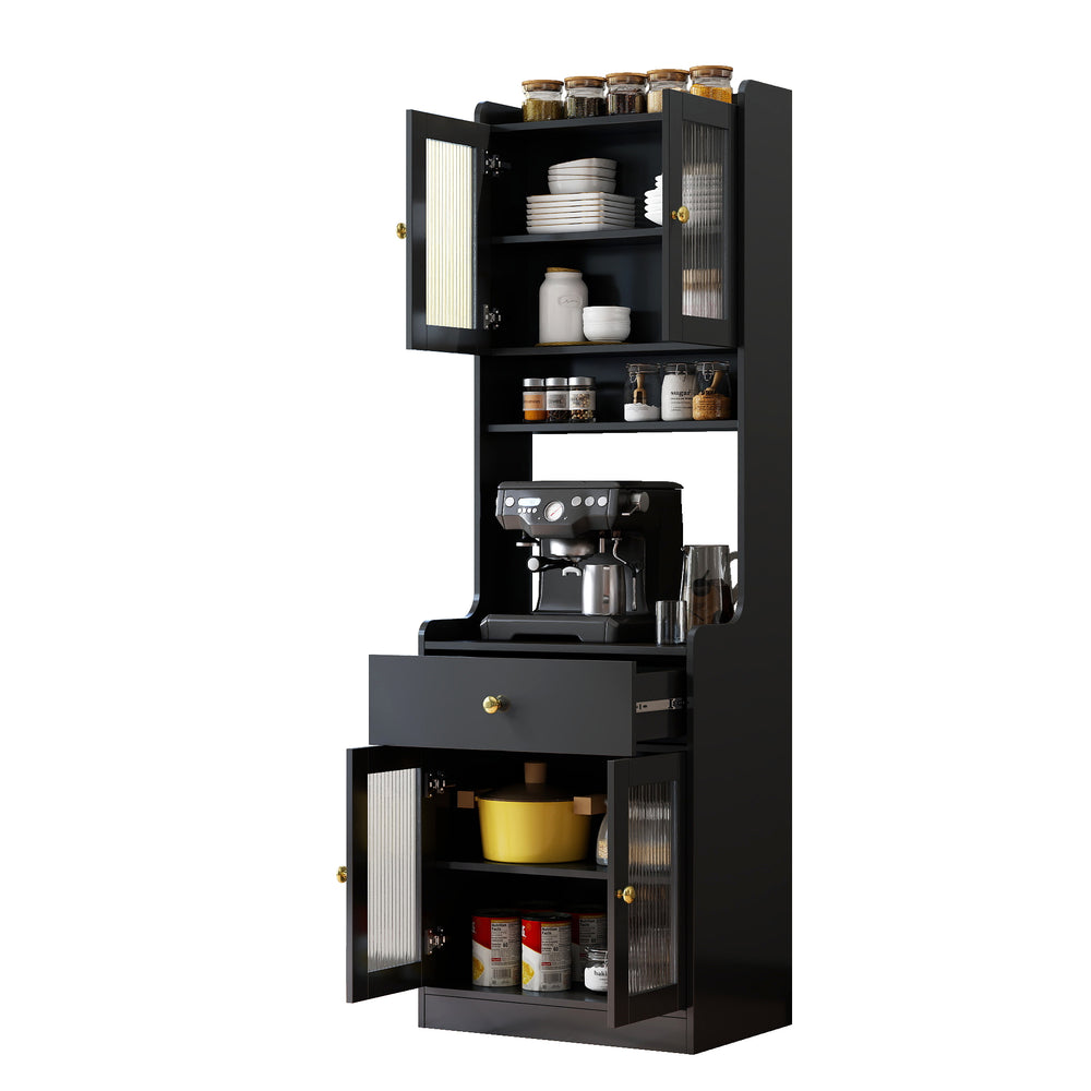 English Elm Black Farmhouse Pantry Hutch Freestanding Buffet with Microwave Stand and Open Shelving W331P455305