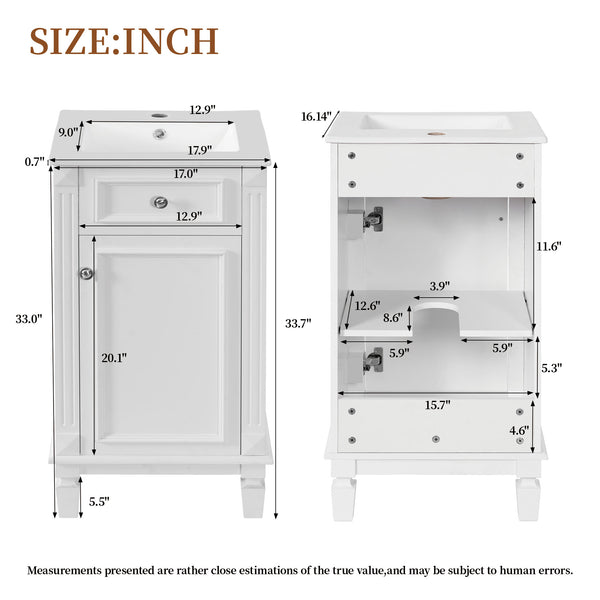 English Elm 18-inch French Country Freestanding Bathroom Vanity Rubberwood Cabinet with Ceramic Sink White N710P371187K