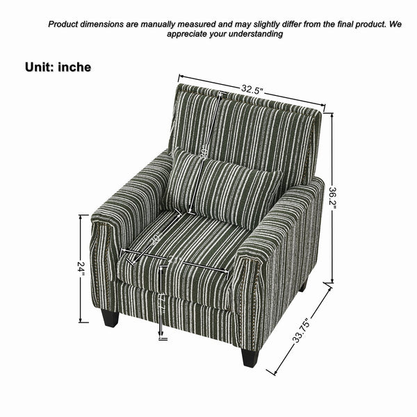 English Elm Modern Striped Upholstered Accent Chair with Arms, Nailhead Trim, Solid Wood Frame and Plush Foam Seating Green W3373P363922