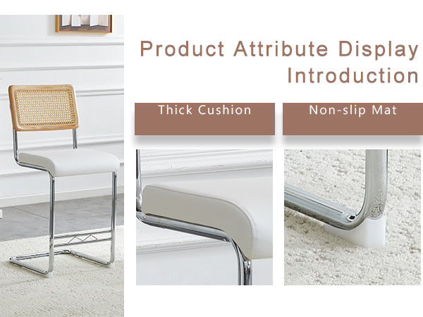 English Elm Natural Rattan Backrest Counter Stools Set of 4 with Chrome Legs and Pu Leather Seats W2920S00106