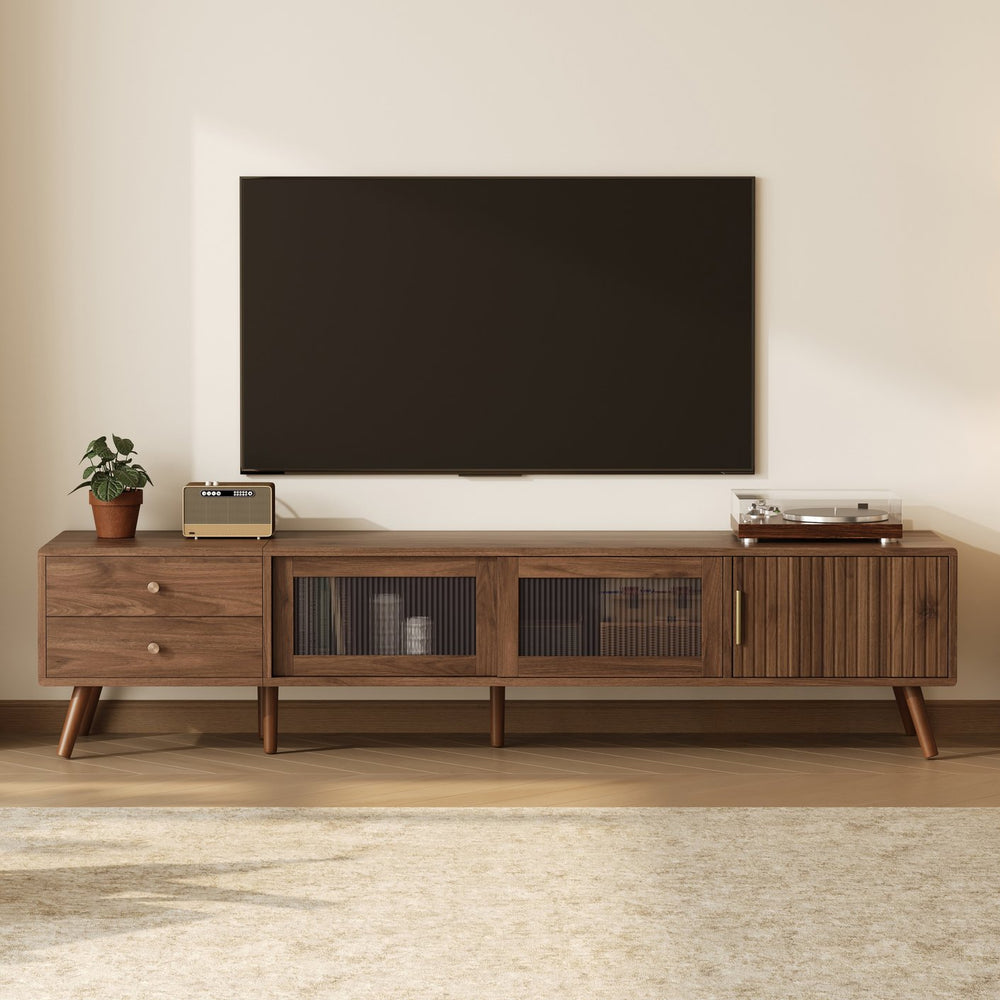 English Elm 76" Wood Grain Media Console with Glass Doors Deep Drawers and Living Room Storage N710P397467P