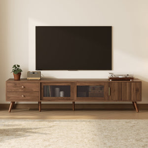 English Elm 76" Wood Grain Media Console with Glass Doors Deep Drawers and Living Room Storage N710P397467P